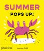"SUMMER POPS UP!", "phaidon", "Aurore Petit" auf gelbem Hintergrund, mit rosa Krabbe Illustration.