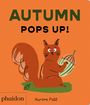 „AUTUMN POPS UP!“, darunter ein illustriertes Eichhörnchen mit Kürbis, orange Hintergrund.