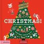 „Celebrate in a Book. Christmas! an interactive holiday book with flaps, tabs & more!“ Ein geschmückter Baum vor rotem Hintergrund.