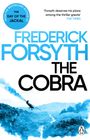 „The Cobra“ von Frederick Forsyth. Zitat von The Times. Unten ein fliegendes Flugzeug über Dschungel-Landschaft.