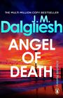 „The Multi-Million Copy Bestseller, J.M. Dalgliesh, Angel of Death, A Norfolk Mystery“; Sonnenuntergang am Meer, Vögel fliegen.