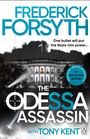 „FREDERICK FORSYTH“, „THE ODESSA ASSASSIN“. Schwarz-weißes Gebäude mit Flagge, Scheinwerfer im Vordergrund.
