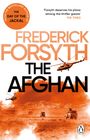 "THE AFGHAN" von Frederick Forsyth. Drei Helikopter über einer Wüstenlandschaft mit Militärfahrzeugen, Berge im Hintergrund.