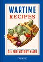 "Wartime Recipes." Illustration: Korb mit Gemüse wie Karotten, Kohl und Kartoffeln. Blau-weißer Hintergrund.