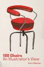 Text: "100 Chairs An Illustrator's View Karin Meenen." Darstellung eines stilisierten, rot-schwarzen Stuhls.