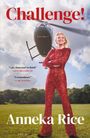 „Challenge!“, „A joy from start to finish“ – Gyles Brandreth, „Extraordinary“ – Clare Balding. Frau in rotem Outfit vor Helikopter.