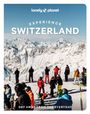 Text: Experience Switzerland. Get away from the everyday. Illustration von Skifahrern vor schneebedeckten Alpen.