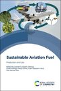„Sustainable Aviation Fuel: Production and Use“. Flugzeug in der Mitte, umgeben von Kreisen mit Pflanzen, LKW und Fabrik.