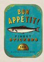 „Bon Appétit! Finest Stickers. Over 100 Stickers. A Little Sticker Book“. Ein Fisch vor blauem Hintergrund in einem Retro-Design.