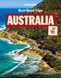"Best Road Trips AUSTRALIA. 63 EASY ESCAPES ON THE OPEN ROAD." Küstenstraße, Meer und bewaldete Hügel, kleine Koala-Illustration.