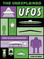 „THE UNEXPLAINED UFOS“. Illustrationen von UFOs und Aliens in leuchtenden Farben. Text: „ADAM ALLSUCH BOARDMAN“.