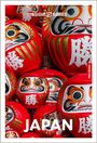 Text: "INSIGHT GUIDES", "JAPAN", "FREE EBOOK". Zahlreiche rote Daruma-Puppen mit Gesichtsmustern und japanischen Schriftzeichen.