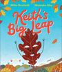 Text: "Keith's Big Leap" von Mike Barfield, Momoko Abe. Illustration: Ein fröhliches Herbstblatt mit Gesicht, umgeben von bunten Blättern.