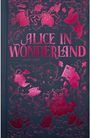 "Alice in Wonderland" von Lewis Carroll. Rotes, dekoratives Design mit Uhr, Teekanne, Karten und Schlüssel.