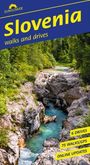 "Slovenia walks and drives", "6 drives", "75 walks/GPS", "Online updates". Eine Schlucht mit türkisblauem Wasser und grünen Bäumen.
