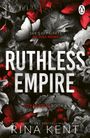 "Ruthless Empire: Royal Elite Book 6" von Rina Kent. Schwarz-weißer Hintergrund mit roten Akzenten, Schmetterlingen und Blumen.