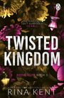 "THE KINGDOM ISN'T SUPPOSED TO FALL. TWISTED KINGDOM. ROYAL ELITE BOOK 3. RINA KENT." Blumen und Schachfiguren, düsteres Design.