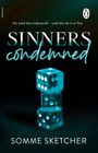 "SINNERS condemned" steht in großen Buchstaben. Darunter türmen sich leuchtend blaue Würfel auf schwarzem Hintergrund.