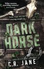 Text: „Killer tension, scorching romance“ – Raven Kennedy. „Some traps are worth staying caught in... DARK HORSE“ von C.R. Jane.  
Illustration: Schädel, Seil, Patronen, Hufeisen, Kleeblätter auf Holz.