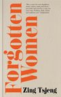 Zitat von Independent über ein Buch. Titel: Forgotten Women in Orange. Autor: Zing Tsjeng. Geprägte Zeichnungen im Hintergrund.