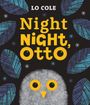 Text: "Night Night, Otto". Illustration einer Eule mit gelben Augen, umgeben von blauen Blättern und Sternen auf schwarzem Hintergrund.