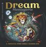 Texte: Dream Menagerie; A Fantastical Hybrid Animals Colouring Book. Illustration eines Löwen und hybrider Tiere.
