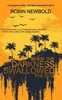 "WHEN THE DARKNESS SWALLOWED THE SUN" - Gelb-schwarze Illustration mit Palmen und Vögeln auf einem Hügel.