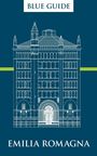 „BLUE GUIDE“ oben, „EMILIA ROMAGNA“ unten. Skizze eines historischen Gebäudes auf dunkelblauem Hintergrund.