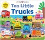 "Ten Little Trucks" in blau, bunte Cartoons von fröhlichen Fahrzeugen auf einer Straße und im Strandhintergrund.