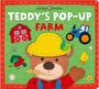 "Teddy's Pop-Up Farm": Ein Teddybär mit Strohhut, rotem Bauernhof, Traktor und ländlichen Elementen in buntem Filzstil.