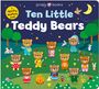 "Ten Little Teddy Bears" steht in der Mitte. Zehn Teddybären in bunten Kleidern vor einem Nachthimmel mit Mond und Sternen.