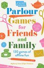 "Parlour Games for Friends and Family: 130 games of offline fun." Bunte Illustrationen von Spielutensilien wie Würfeln und Karten.