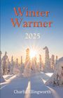 "Winter Warmer 2025" und "Charlie Ellingworth". Verschneite Bäume im Sonnenlicht unter klarem Himmel.
