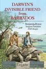 „DARWIN'S INVISIBLE FRIEND from BARBADOS“. Zwei Männer auf Riesenschildkröten an einer Küste, mit Segelschiff im Hintergrund.