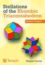 "Stellations of the Rhombic Triacontahedron", "Modular Origami". Zwei bunte geometrische Formen auf gelbem Hintergrund.