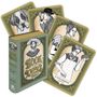 "Book Lover's Oracle" auf Buch und Karten. Illustrationen antiker Figuren und Hund im Retro-Stil.