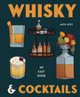 „WHISKY & COCKTAILS“, „Mick Wüst“, „An Easy Guide“. Illustrationen: Getränkegläser, Flaschenregal, Obstarrangement.