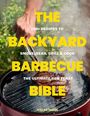 Text: "140+ Recipes to Backyard Barbecue Bible." Ein Fleischstück auf einem Grill, dampfend, mit Grillzange gehalten.
