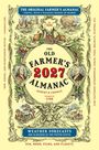 Texte: "The Original Farmer’s Almanac", "The Old Farmer's 2027 Almanac", "Weather Forecasts", "Sun, Moon, Stars, and Planets". Verschnörkelte Illustrationen mit Pflanzen und Portraits.