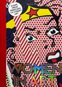 „WOMEN IN ART“ steht in schimmernden Buchstaben. Pop-Art-Stil zeigt ein Gesicht mit gelbem Stirnband, rotem Stern.