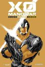 "X-O Manowar Black White & Gold". Illustration eines gepanzerten Kriegers mit leuchtendem Schwert auf gelbem Hintergrund.