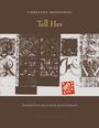 Text: "CHRISTOS IKONOMOU, Tell Her, Translated from the Greek by Karen Emmerich." Grafik: Quadrate mit abstrakten Mustern.
