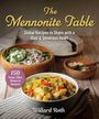 "The Mennonite Table" und "Global Recipes to Share" oben. Bild von Schüsseln mit Salat und einem Kartoffelgericht.
