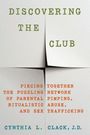 Text: "DISCOVERING THE CLUB" und "PIECING TOGETHER THE PUZZLING NETWORK OF PARENTAL PIMPING, RITUALISTIC ABUSE, AND SEX TRAFFICKING". Autor: Cynthia L. Clack, J.D. Textblöcke auf separaten Zetteln.