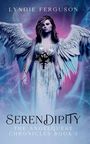 "LYNDIE FERGUSON, SERENDIPITY, THE ANGELQUEST CHRONICLES BOOK 1" zeigt eine Frau mit Flügeln vor einem kosmischen Hintergrund.