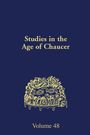 „Studies in the Age of Chaucer, Volume 48.“ Eine gelbe Zeichnung einer mittelalterlichen Tafelrunde auf blauem Hintergrund.