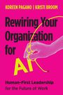 Buchtitel: "Rewiring Your Organization for AI". Illustration: Hand hält Kabel, pinker Hintergrund.