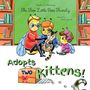 „Adopts two kittens!“ Eine Illustration zeigt drei Bienenkinder, die eine Katze halten, vor einem Bücherregal.