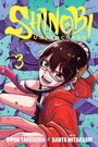 "SHINOBI UNDERCOVER". Eine dynamische Manga-Illustration mit einem Mädchen in rotem Hoodie und Brille, umgeben von Trümmern.