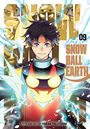 „SNOW BALL EARTH 09“ zeigt einen jungen Mann mit futuristischer Rüstung, umgeben von eisigen Blitzen und einem Roboter im Hintergrund.